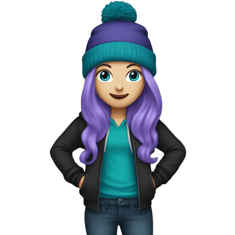 White girl, blue eyes, long teal hair, purple beanie hat, black hoodie, blue jeans, black shoes emoji