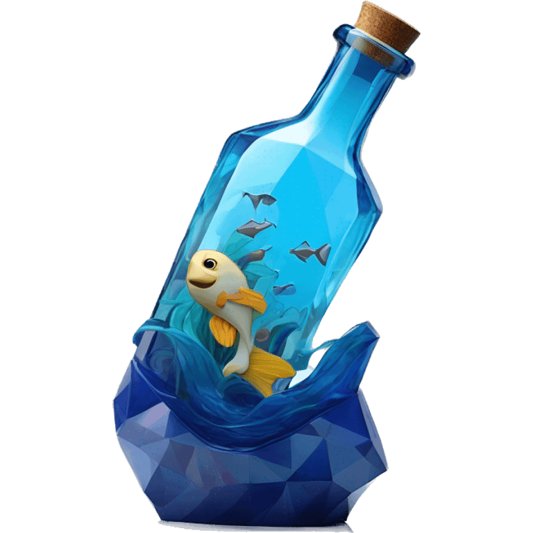 symbolic ocean in a bottle sculpture symbolizing Pisces with a geometric, faceted design. The bottle is standing upright with angular and baroque features. The vibrant deep blue waves colors highlights the sharp edges and planes.  emoji