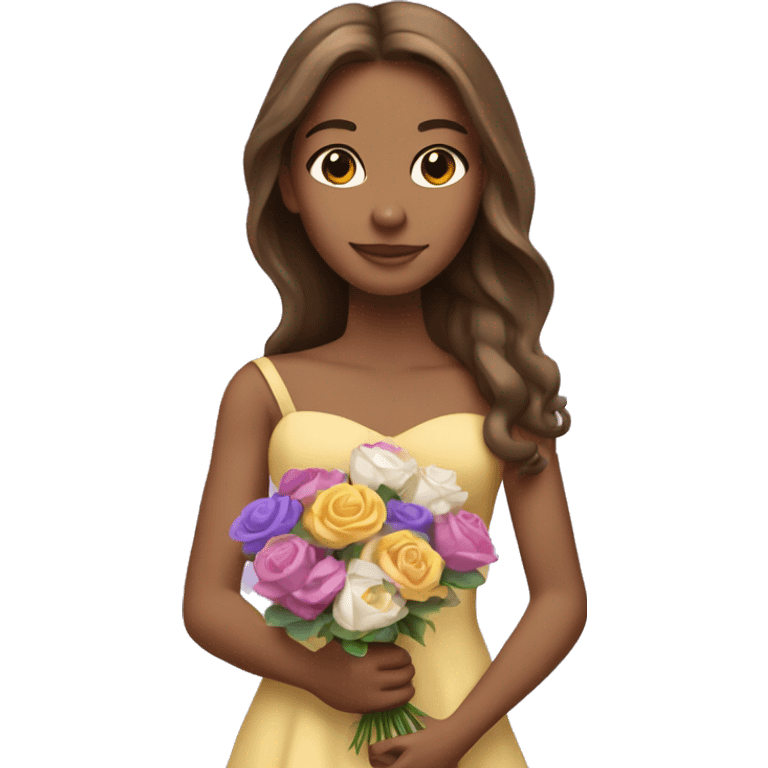 Tan princess with long brown hair holding bouquet of flowers purple pink white yellow emoji