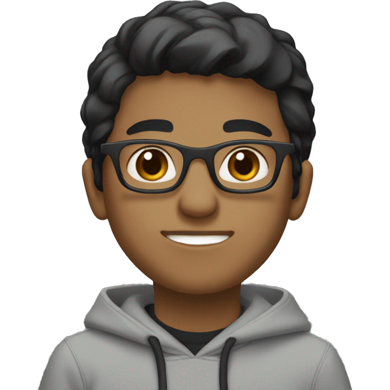 Light brown tone origin boy wearing glasses in a grey hoodie with casual black hair style with brown eye. emoji