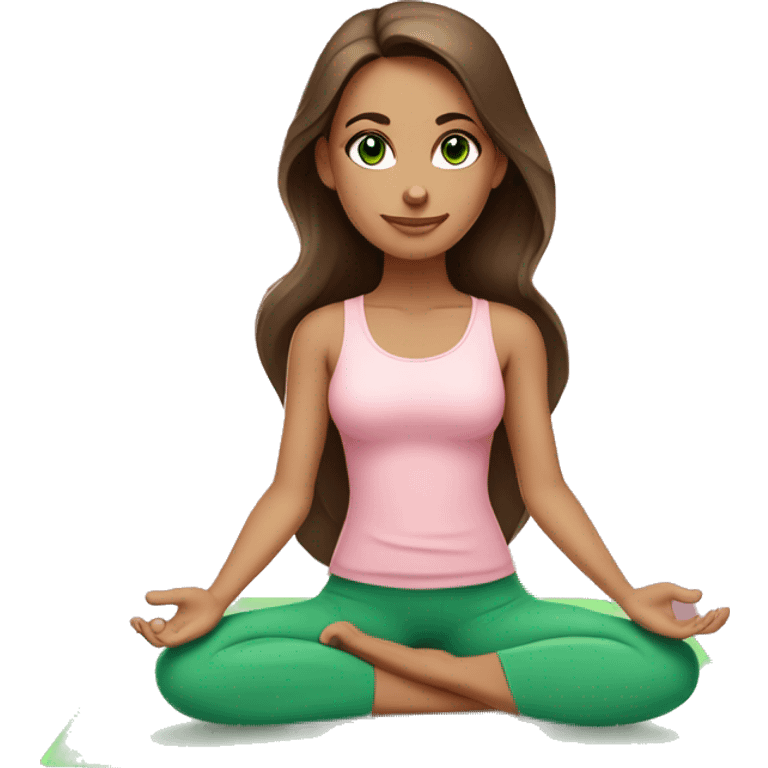 brunette long hair and green eyes yoga girl in light pink clothes sitting on a yoga mat emoji