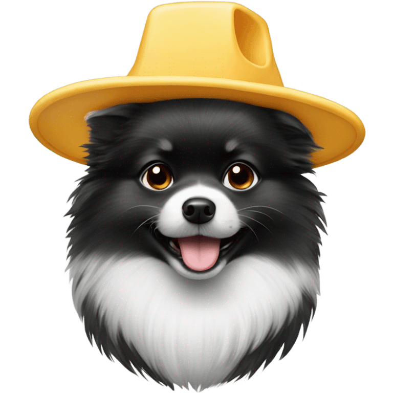 Black and white Pomeranian wearing a cheese hat emoji