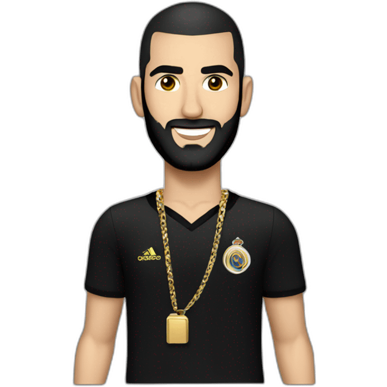 Karim Benzema with black hair wearing gold chain and black shirt emoji