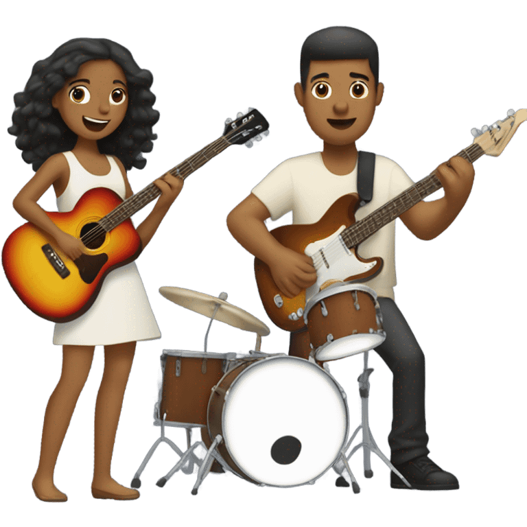 Tan man playing guitar, brown girl playing bass, white guy playing drums emoji