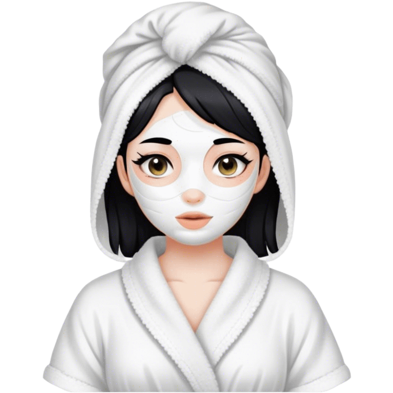 Girl white black hair and a bath gown with a clay mask , aesthetic , white emoji