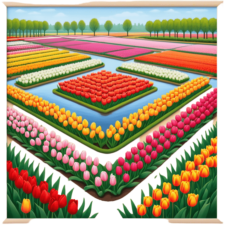 Cinematic Realistic Keukenhof Gardens Landmark Emoji, showcasing expansive tulip fields rendered with crisp, lifelike detail and radiant lighting. emoji