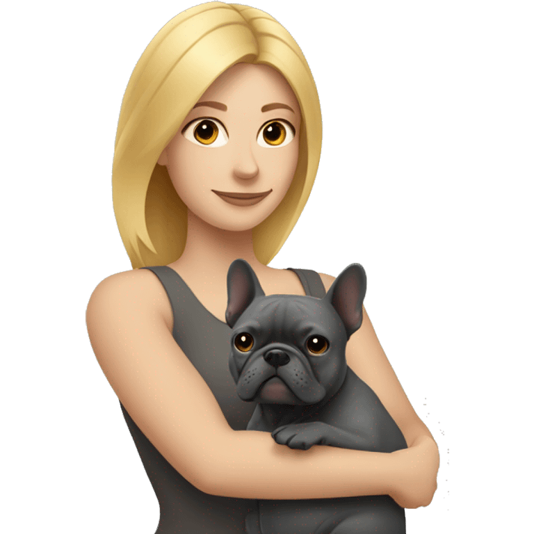 Honey blonde woman with hugging dark gray french bulldog emoji