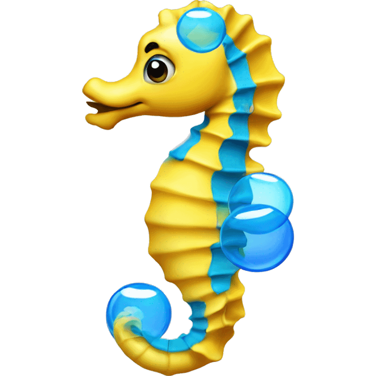 Yellow seahorse with blue belly and three bubbles floating out his mouth emoji