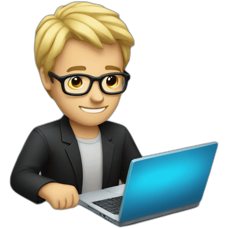 a man with blond hair with black glasses with a laptop in his hands emoji