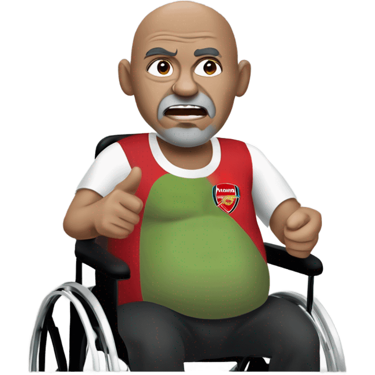 old black bald man with a protruding round pot belly in wheelchair. angry face. grey stubble. he is pointing finger in front. arsenal soccer shirt. mouth word bubble emoji