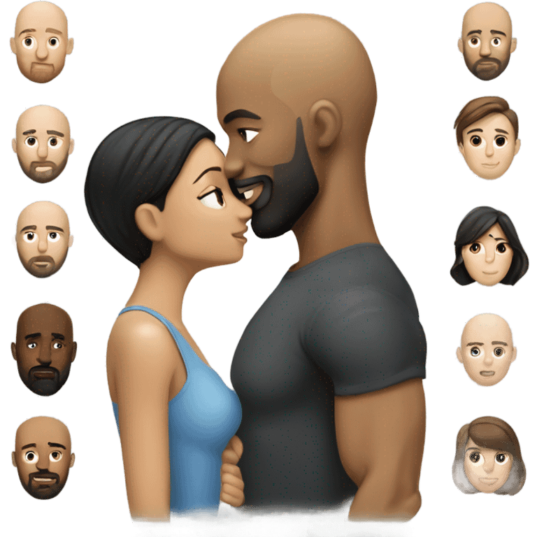 White brunette kissing muscular black bald man with beard emoji