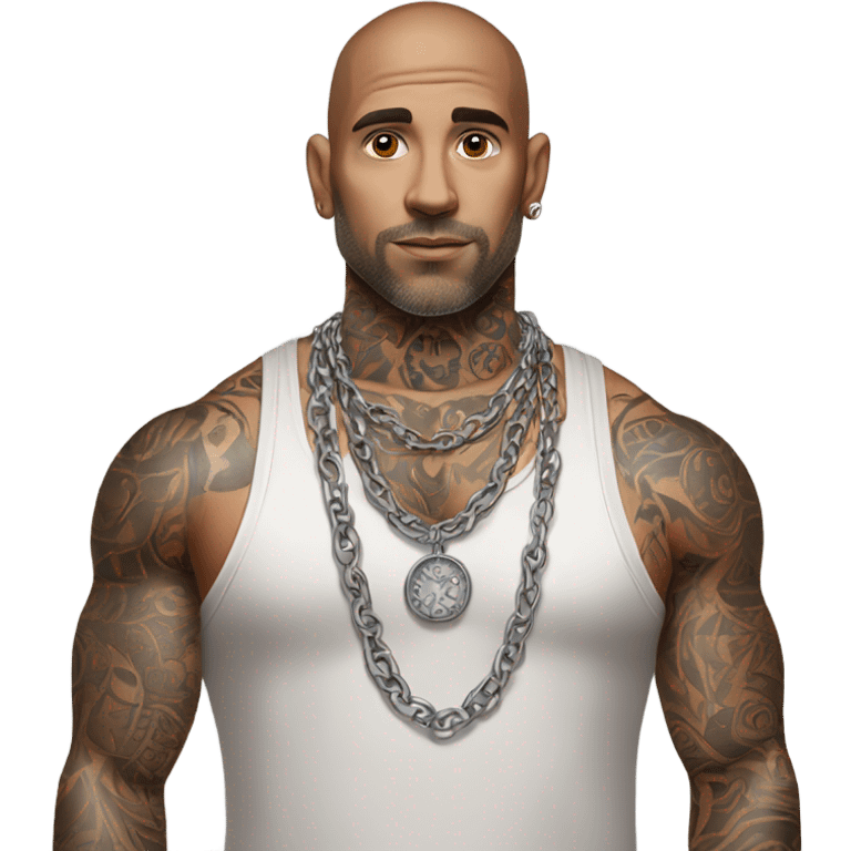 Full body image  of a Man with tattoos, brown hair and grey highlights, thick silver Cuban necklace that has big wide eyes looking to the side curiously emoji