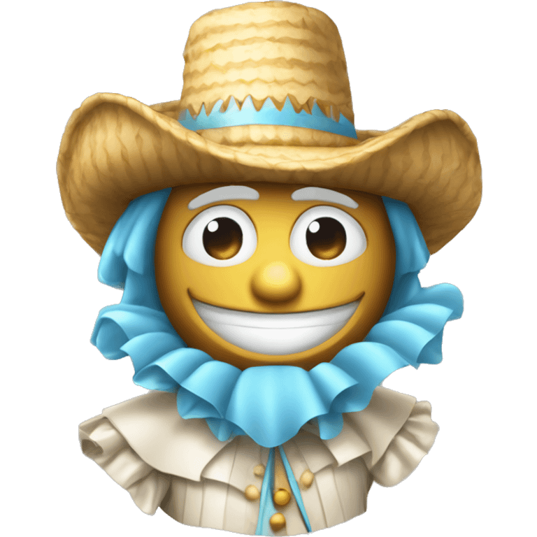 emoji sonriente con sombrero de arlequin celeste y blanco emoji