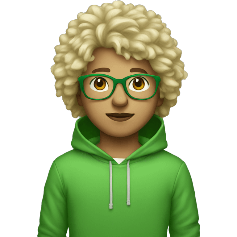 boy with clear glasses and blonde fluffy hair and a green sweatshirt with hood up standing straight emoji