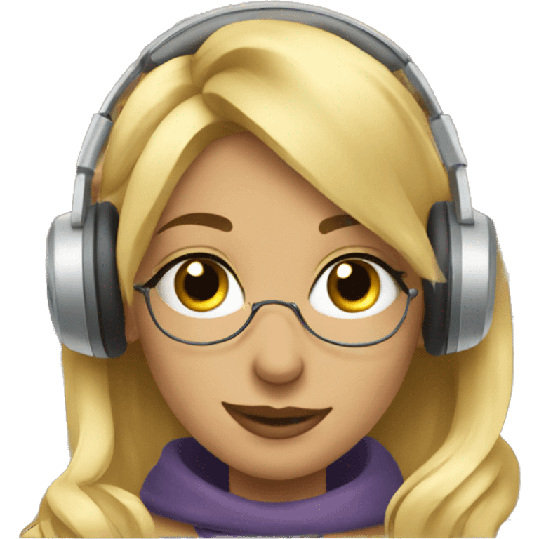 Blonde woman with headphones Studying in library looking at iPad  emoji