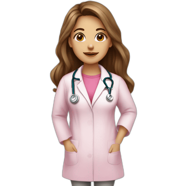 White Latina girl, a speech therapist with Brown long hair, Brown eye wearing a pink t-shirt and a medical coat emoji