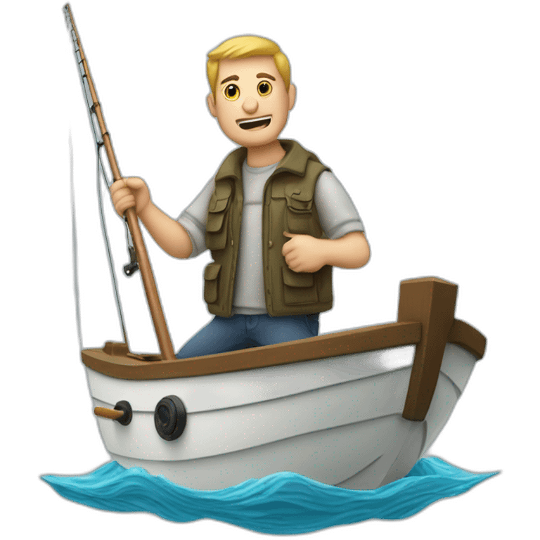 White man on a boat heading right with a fishing rod with a huge hook emoji