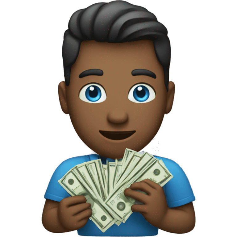 A man with blue eyes with a lot of money and a money bag in his right hand and cash in the other hand  emoji