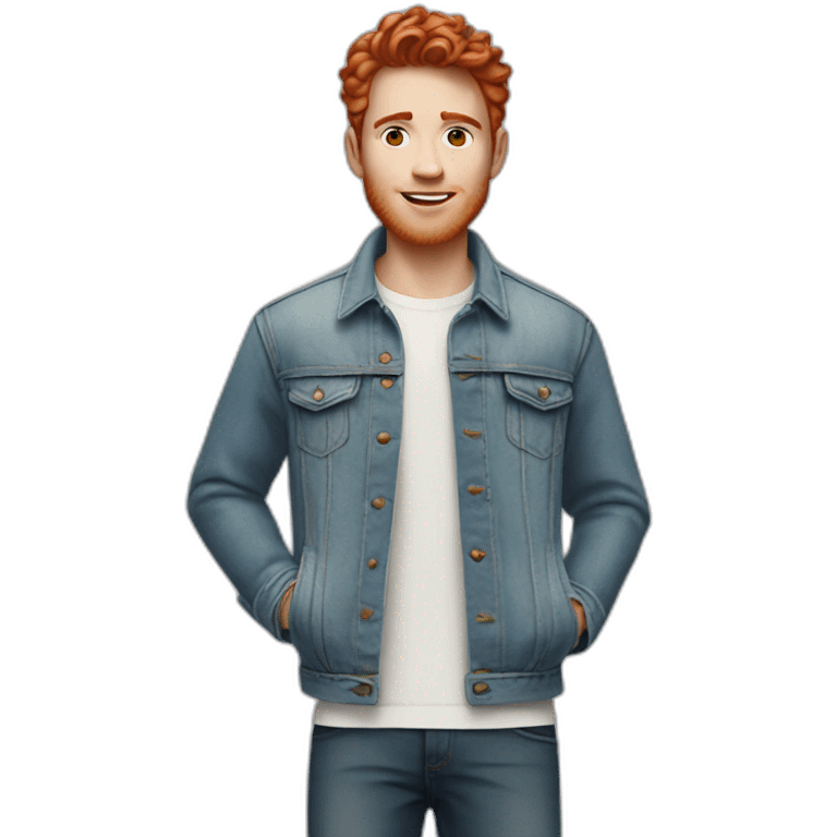 white young man in jean jacket and white t-shirt with short wavy red hair emoji