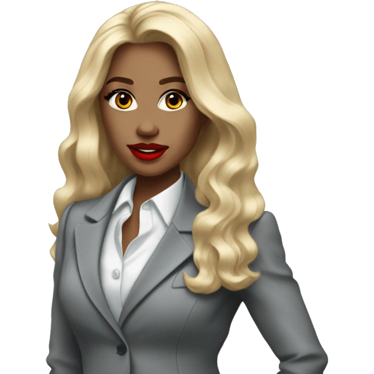 Blonde long hair with red lips Tiffany diamond seller in a grey suit emoji