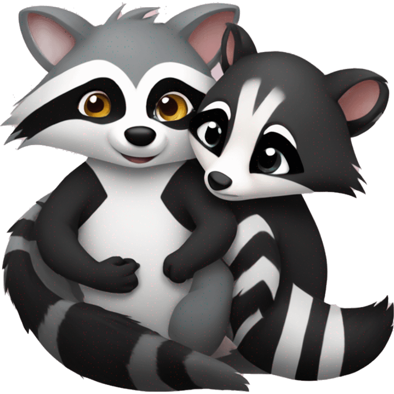 A raccoon and a skunk and a possum hugging  emoji