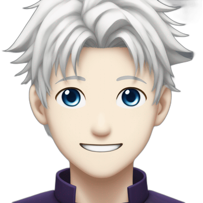 Satoru Gojo with his blue eyes,long medium white hair, a big friendly smile, dark violet uniform from jujutsu kaisen emoji