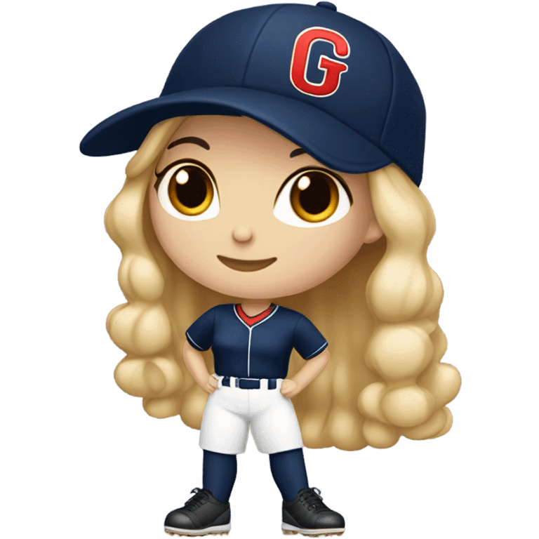 White girl with Black long hair, who wearing navy ballcap emblazoned with a red G initial and wearing baseball uniform emoji