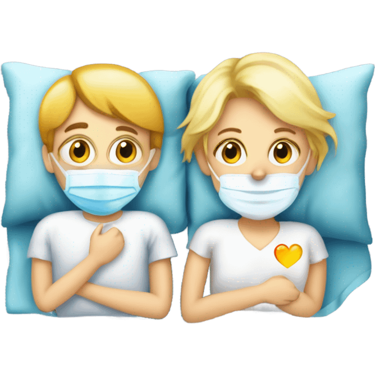 Two blonde children, sick, wearing masks, one Boy, one girl, sick in beds, at home, get well soon sign with yellow heart emoji