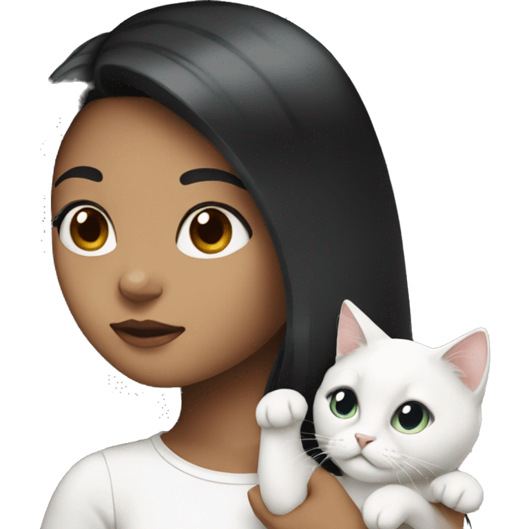 Girl black hair holding white cat  emoji