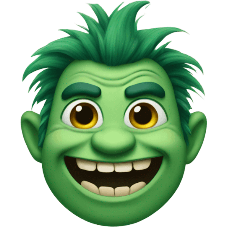 A green troll that is laughing with thick eyebrows emoji