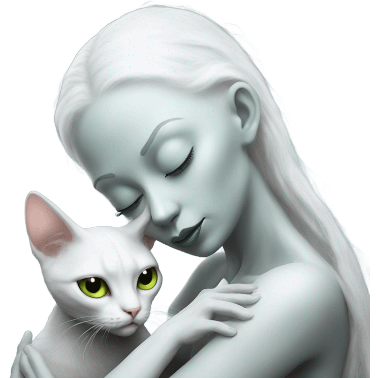 Photo realistic, alien female, kissing and embracing white cat, emoji