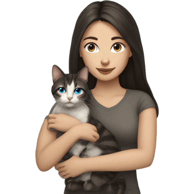 Woman with dark long hair and blue eyes holding a tabby cat  emoji