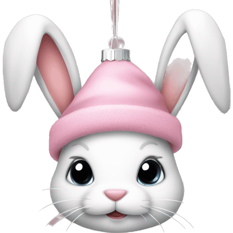 Cute bunny with long ears hanging down. A light pink Christmas hat. And holding a Christmas ornament  emoji