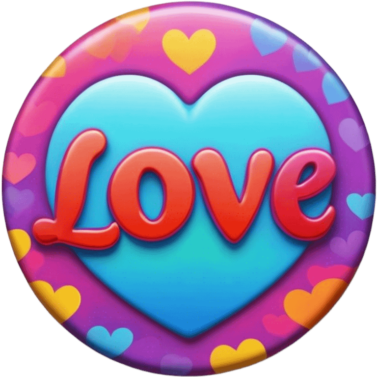 A round psychedelic colored button with bezeled edges and the word love emoji