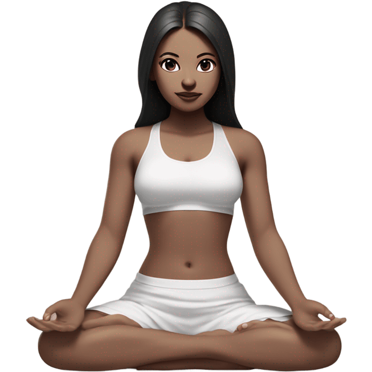 a girl with black long hair, faily white skin tone with brown eyes, meditates in a relaxed lotus position in a comfortable monochrome white bra top and monochrome pink short skirt emoji