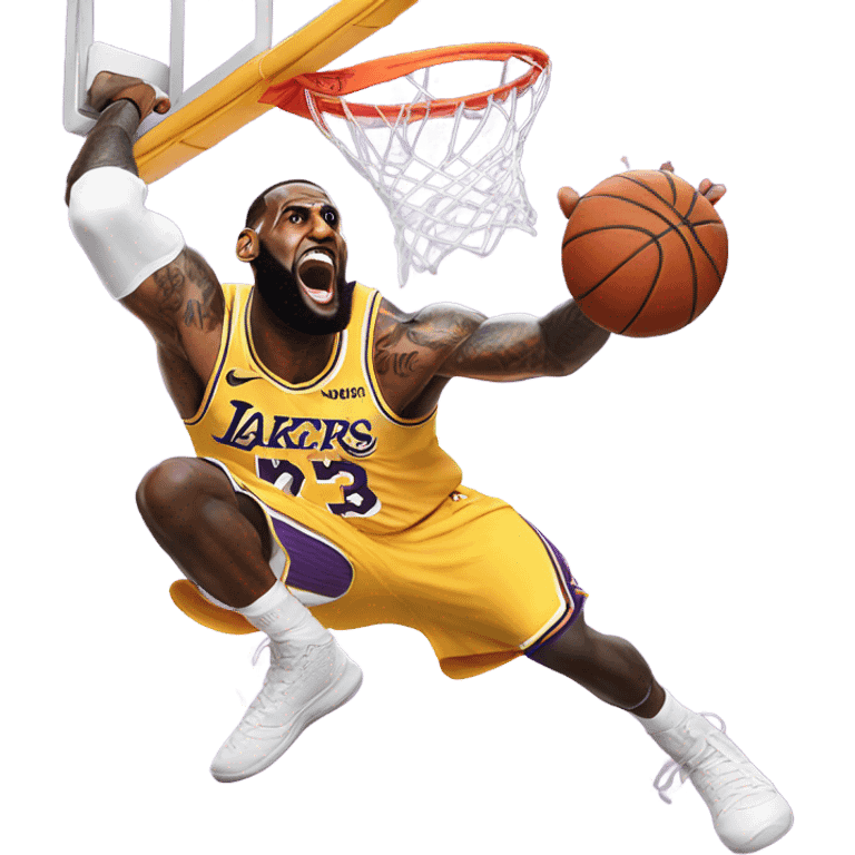 LeBron James in a Lakers uniform dunking emoji