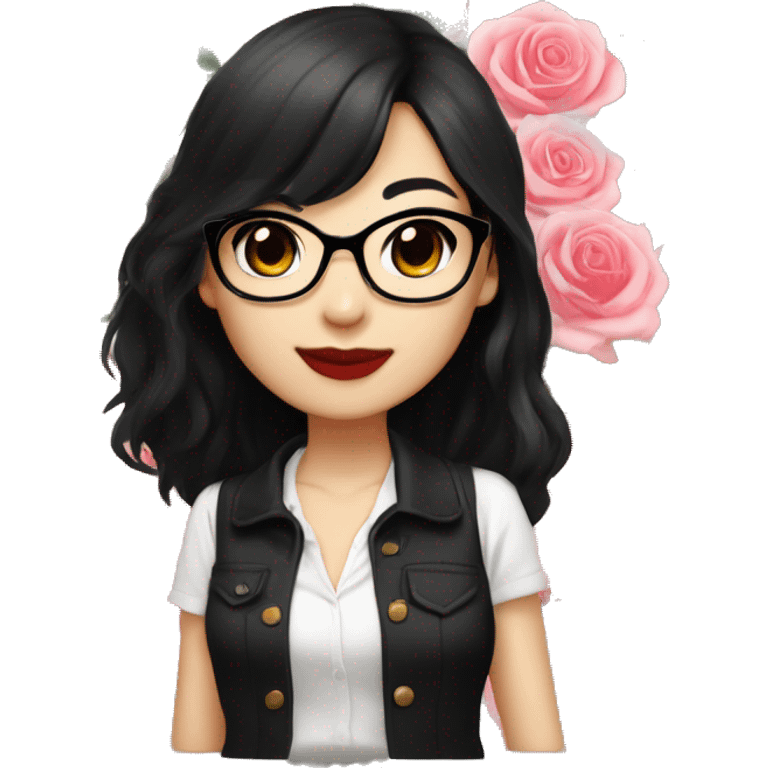 Asian girl, smiling with teeth, fair skin, black long hair, black eyes, black glasses with gold frames, red lipstick, wearing a white lace tank top and a black office jacket on top, with pink and red roses around her, chibi. emoji