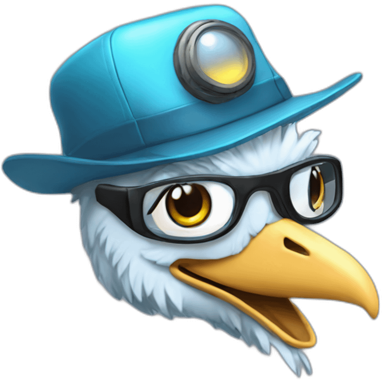 Crazy funny Cyberpunk Articuno head with beautiful smile wearing glasses and hat emoji