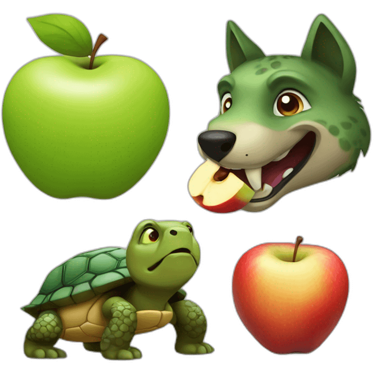 turtle and wolf eating apples emoji