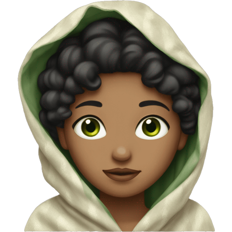 A black-haired girl with green eyes and freckles wrapped herself in a beige blanket emoji