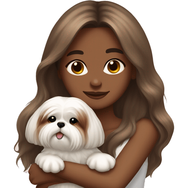 Brown skin girl long hair, hugging her white Shih tzu emoji