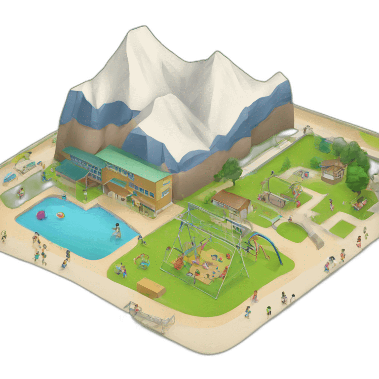 a small school surrounded by mountains and river and children play in the playground emoji