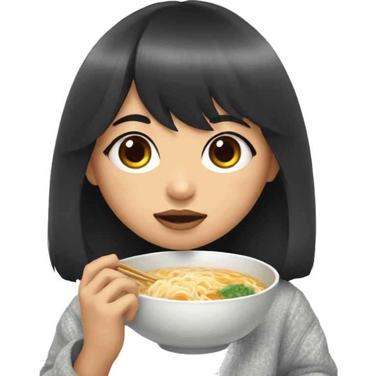 A girl with bangs covering one eye, black hair and big eyes wearing a gray pajama sweater and holding a ramen in her hand. emoji