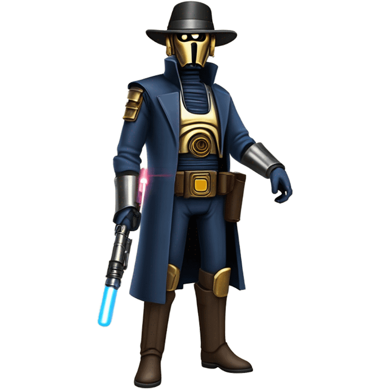 mean bounty hunter tarnished undercover tough well-equipped Jedi life-sized darkblue-pearl C3po leather vest clothing pants and vest old west duster coat holding light saber sheriff holstered gun hat floating emoji