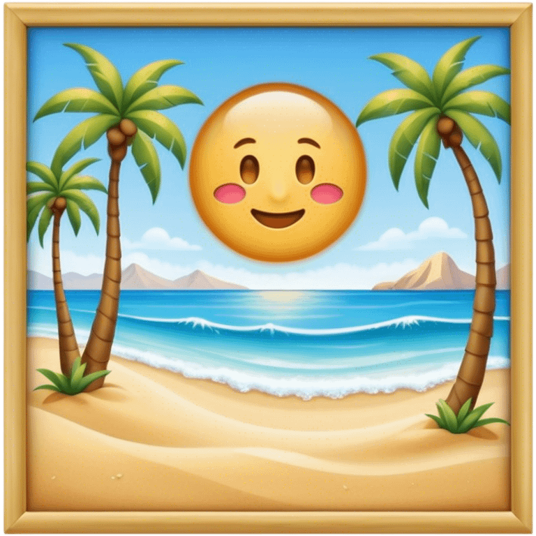 Cinematic Realistic Beach Emoji in a wooden frame, Sunny and bright, with soft golden sand stretching as far as the eye can see, gently lapping waves crashing onto the shore, and a clear, blue sky above. Palm trees sway in the warm breeze, crystal clear water of the waves on the landscape. Soft glowing outline, capturing the essence of a relaxed, joyful beach day filled with sun, sand, and surf! emoji