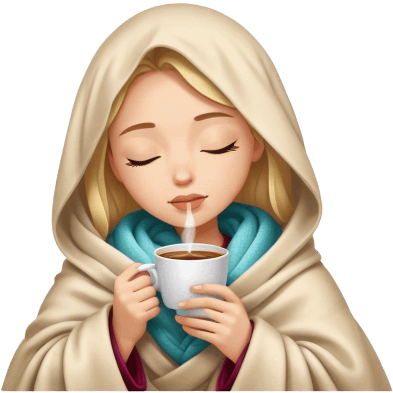 girl inside a blanket sipping coffee eyes closed emoji