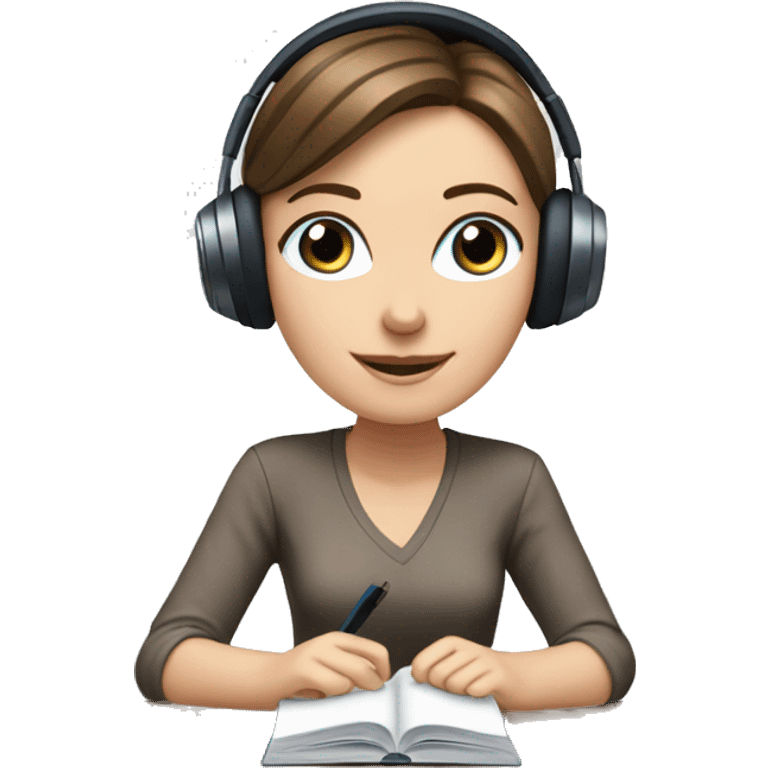 white girl studying at desk, brown hair, blue eyes, computer, headphones emoji