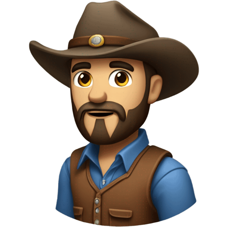 a rugged cowboy with a thick beard, wearing a blue vest over a classic western shirt. He should have a confident stance, showing full torso emoji