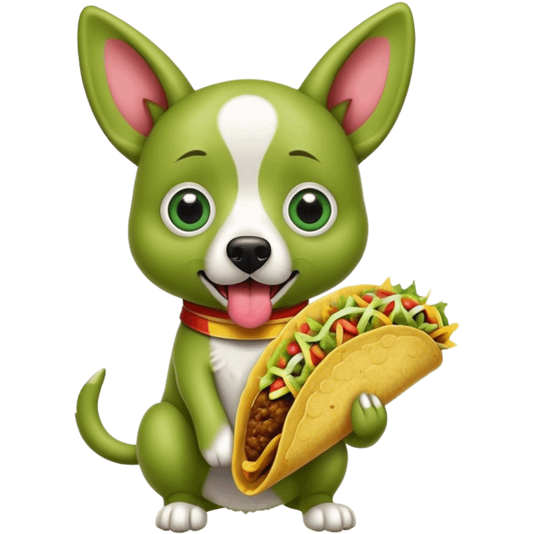 Green dog with large cartoon eyes and sticking up ears and sticking out tongue with eyes looking opposite direction and tongue out and holding a taco emoji