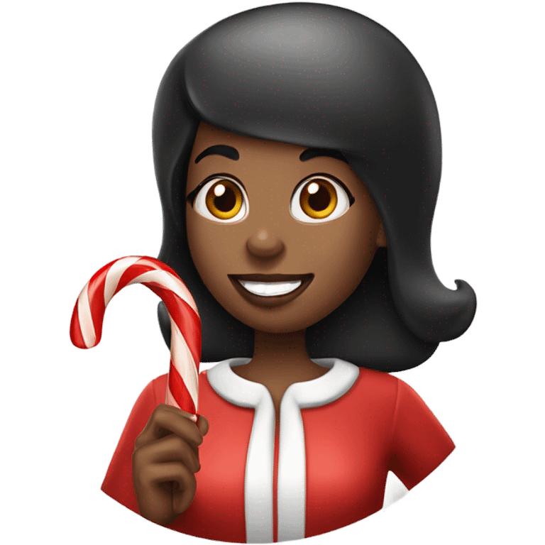 Black woman with short black hair and a Santa hat on eating a candy cane emoji